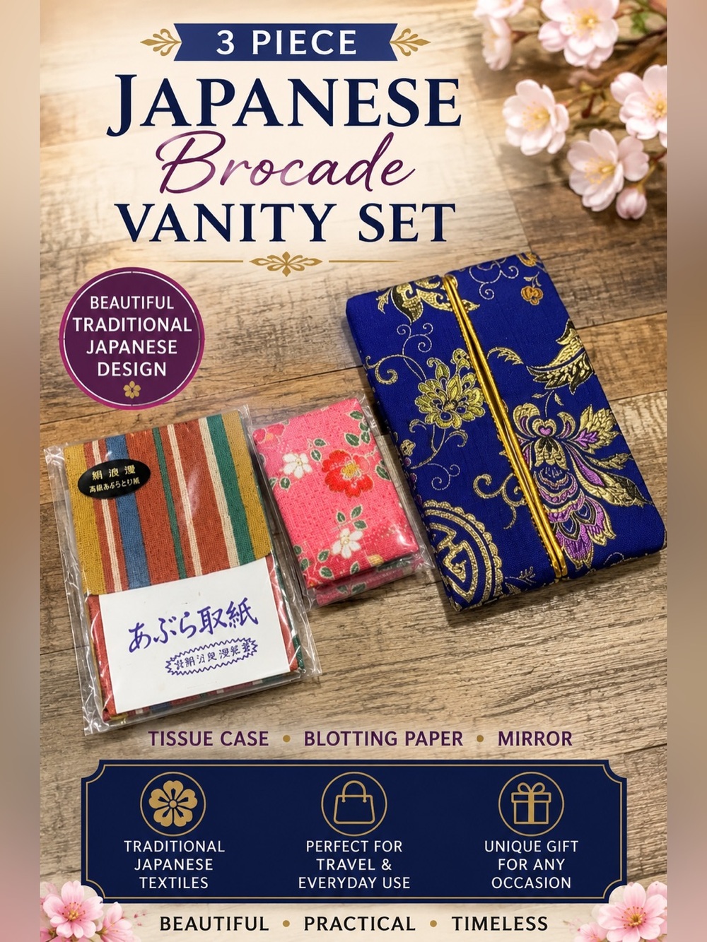 3pc Japanese Brocade Vanity Set: Tissue Case, Blotting Paper & Mirror